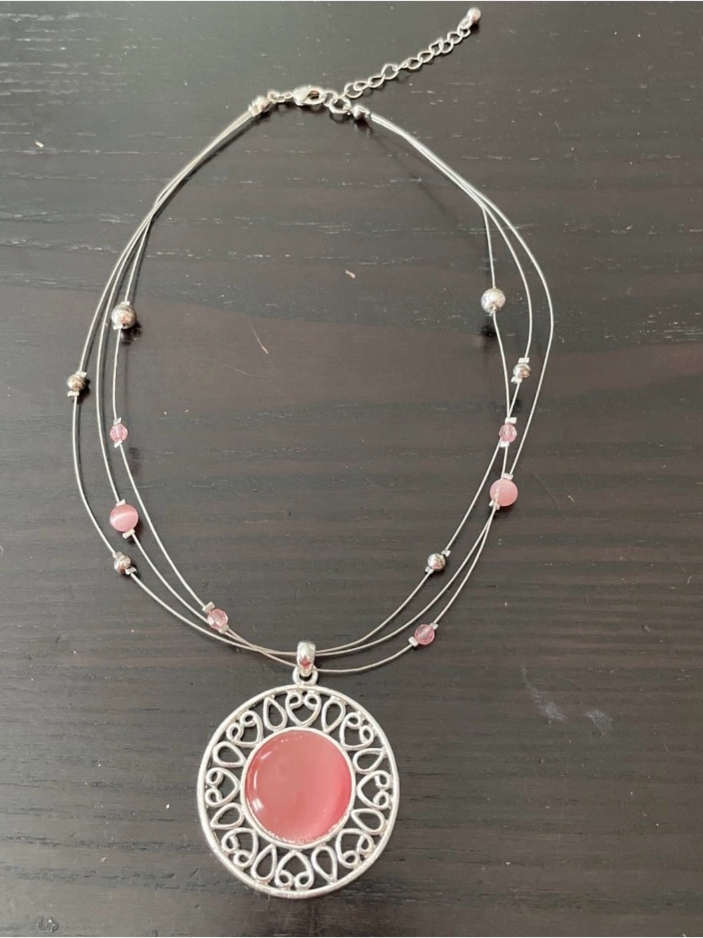 Y2K Cotton Candy Pink Cats Eye Cabochon Silver Lattice 18” Layered Choker